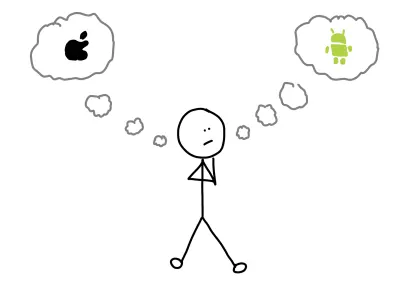 Zeichnung eines Strichmännchens, das sich fragt, ob es für iOS oder Android entwickelt werden soll