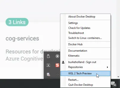 Docker Daemon bağlam menüsündeki WSL2 Tech Önizleme Seçeneği