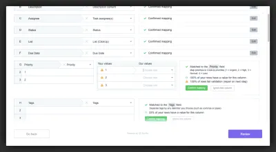 Orangefarbene Ausrufezeichen-Warnsymbole des ClickUp-Datenimportprogramms für Werte, die nicht in der Software vorhanden sind
